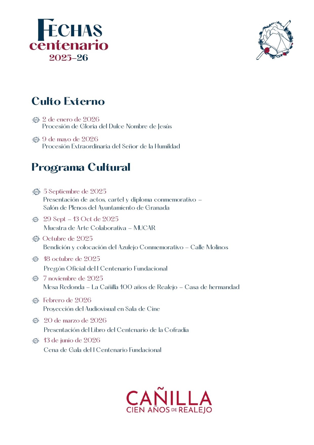 Programa del Centenario: culto externo y programa cultural