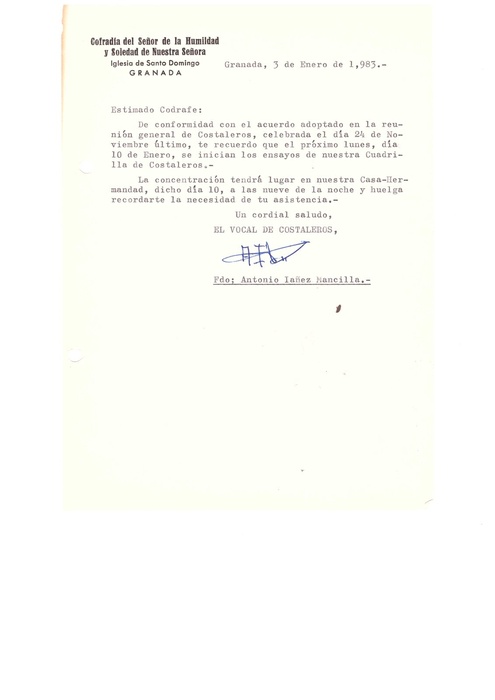 Convocatoria de la cuadrilla de costaleros, 1982