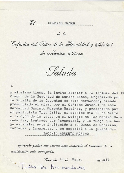 Invitación a las hermandades al I Pregón de la Juventud